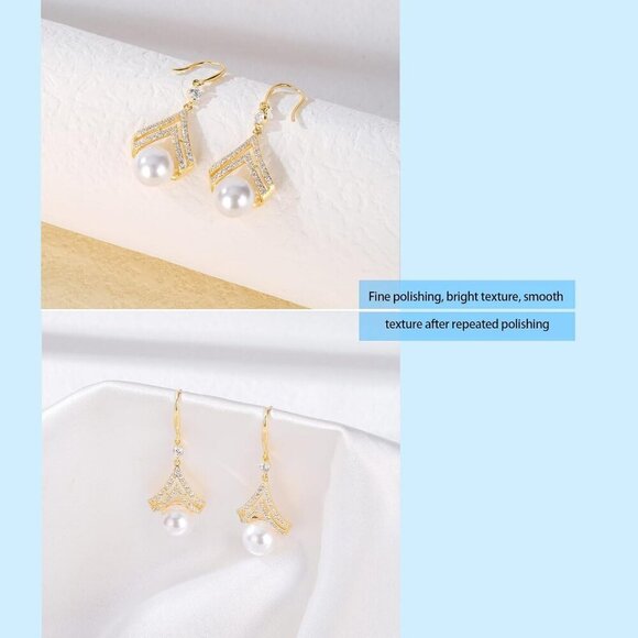 Pearl Drop Earrings for Women 14K Gold Plated Sterling Silver Dainty Dangle Gift - Picture 6 of 6